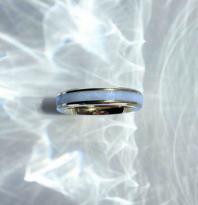 Addie Inlay Ring worn, carrying cherished memories of breastmilk or ashes
