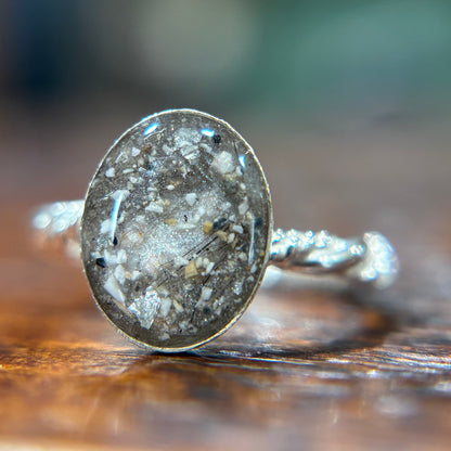 Close-up of a textured silver ring 