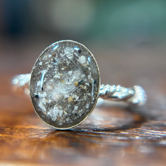 Close-up of a textured silver ring 
