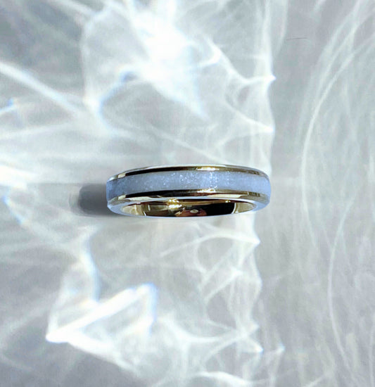 Addie Inlay Ring worn, carrying cherished memories of breastmilk or ashes