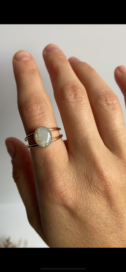 Emery Double Band Ring worn, carrying two personal inclusions