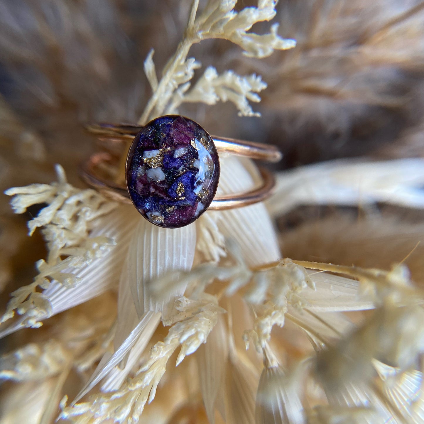 cremation ash and funeral flower oval double band ring